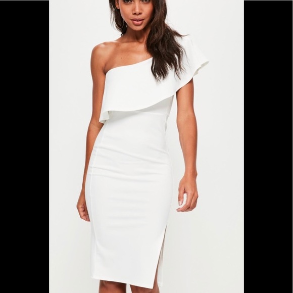 one shoulder frill midi dress